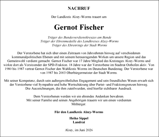 Traueranzeige von Gernot Fischer von Allgemeine Zeitung Alzey