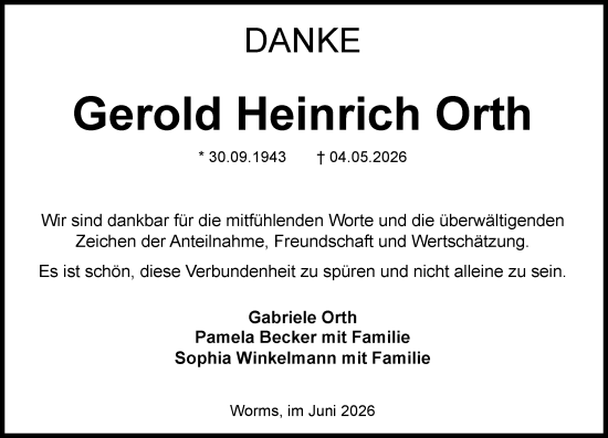 Traueranzeige von Gerold Heinrich Orth von Wormser Zeitung