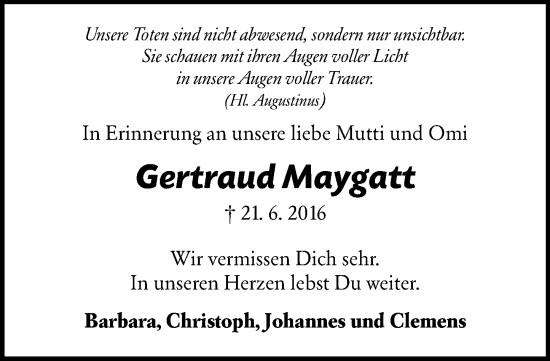 Traueranzeige von Gertraud Maygatt von Hinterländer Anzeiger