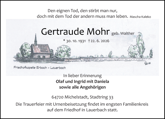 Traueranzeige von Gertraude Mohr von Odenwälder Echo