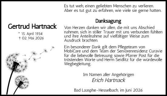 Traueranzeige von Gertrud Hartnack von Hinterländer Anzeiger
