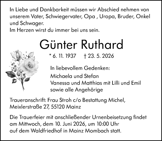 Traueranzeige von Günter Ruthard von Allgemeine Zeitung Mainz