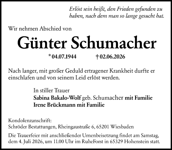 Traueranzeige von Günter Schumacher von Wiesbadener Kurier