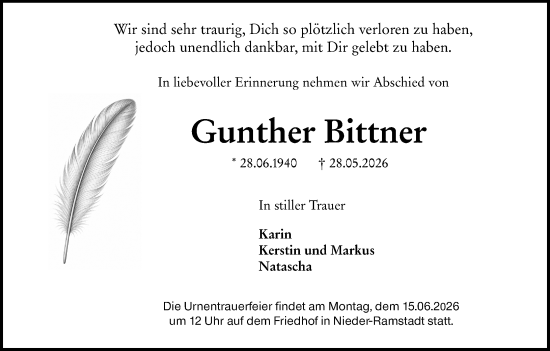 Traueranzeige von Gunther Bittner von Darmstädter Echo