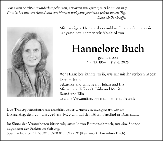 Traueranzeige von Hannelore Buch von Darmstädter Echo