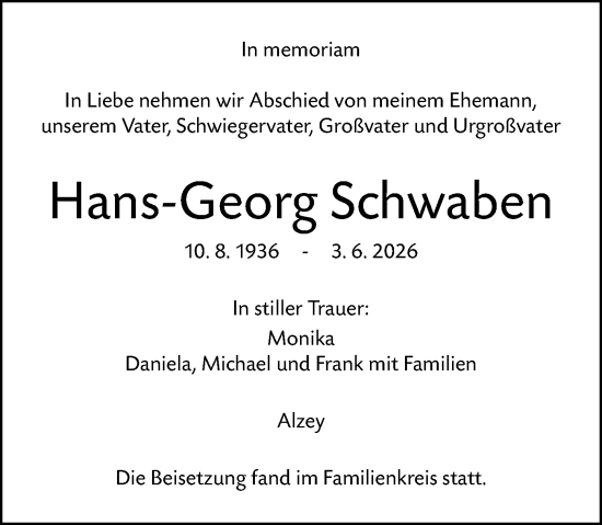 Traueranzeige von Hans-Georg Schwaben von Allgemeine Zeitung Alzey