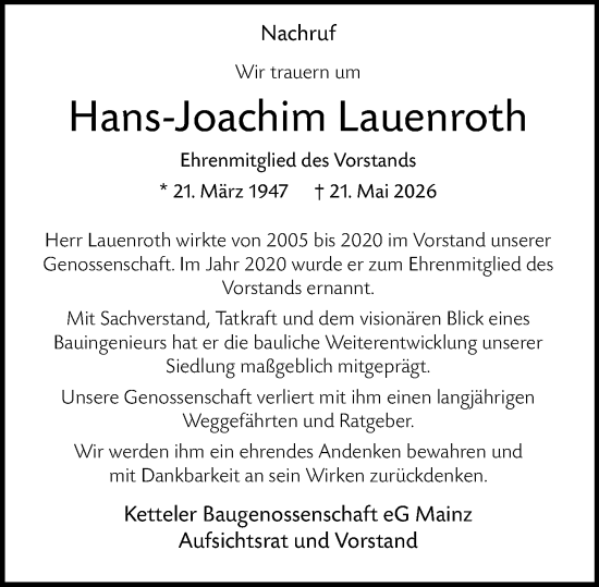 Traueranzeige von Hans-Joachim Lauenroth von Allgemeine Zeitung Mainz