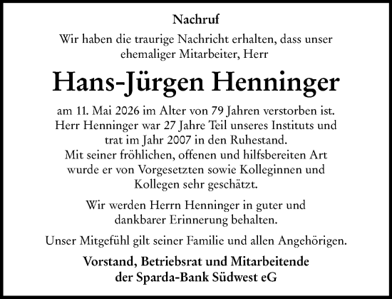 Traueranzeige von Hans-Jürgen Henninger von Allgemeine Zeitung Mainz