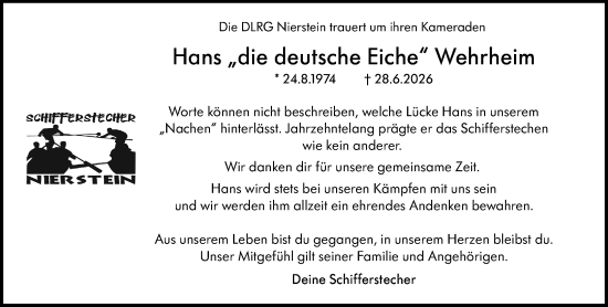 Traueranzeige von Hans Wehrheim von Allgemeine Zeitung Mainz