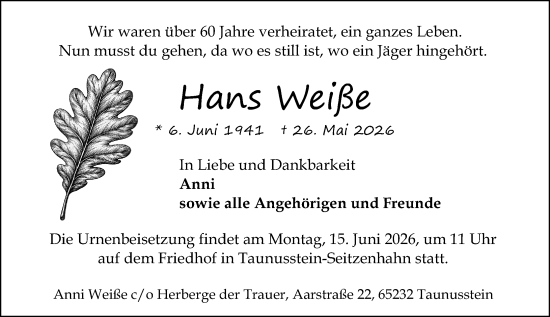 Traueranzeige von Hans Weiße von Idsteiner Land/Untertaunus
