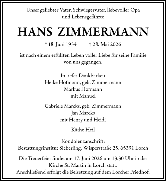 Traueranzeige von Hans Zimmermann von Rheingau Kurier