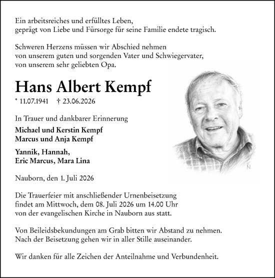 Traueranzeige von Hans Albert Kempf von Wetzlarer Neue Zeitung