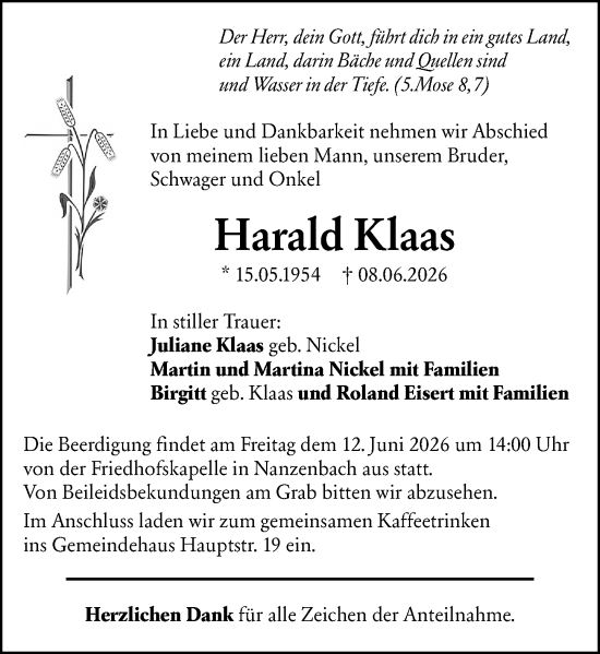 Traueranzeige von Harald Klaas von Dill Block