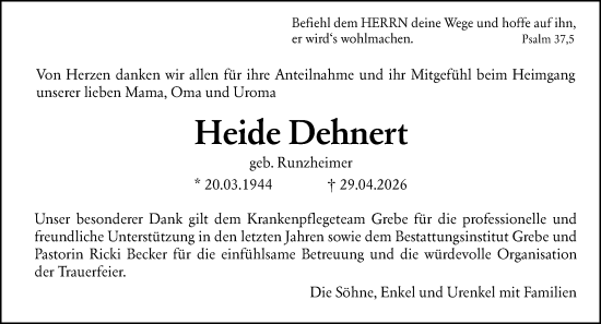 Traueranzeige von Heide Dehnert von Hinterländer Anzeiger