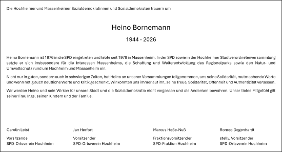 Traueranzeige von Heino Bornemann von Hochheimer Zeitung