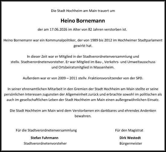 Traueranzeige von Heino Bornemann von Hochheimer Zeitung