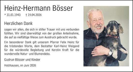 Traueranzeige von Heinz-Hermann Bösser von Hinterländer Anzeiger