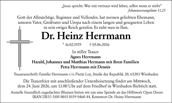Traueranzeige von Heinz Herrmann von Wiesbadener Kurier