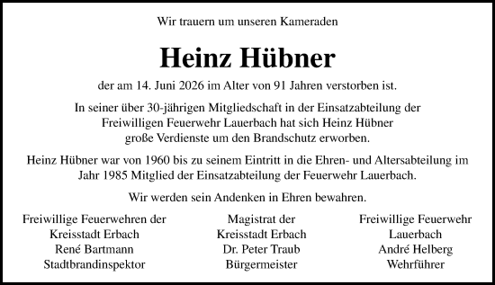 Traueranzeige von Heinz Hübner von Odenwälder Echo