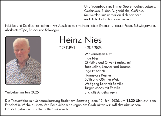 Traueranzeige von Heinz Nies von Weilburger Tageblatt