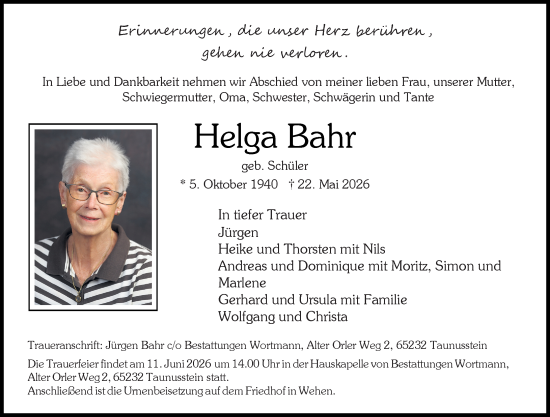 Traueranzeige von Helga Bahr von Rheingau-Taunus-Kreis Wochenblatt