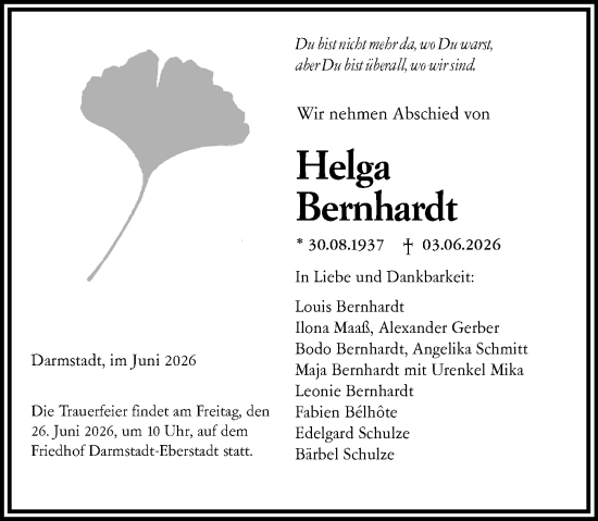 Traueranzeige von Helga Bernhardt von Darmstädter Echo