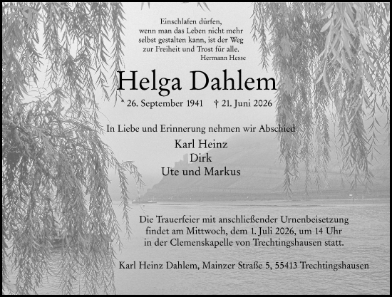 Traueranzeige von Helga Dahlem von Allgemeine Zeitung Rheinhessen-Nahe