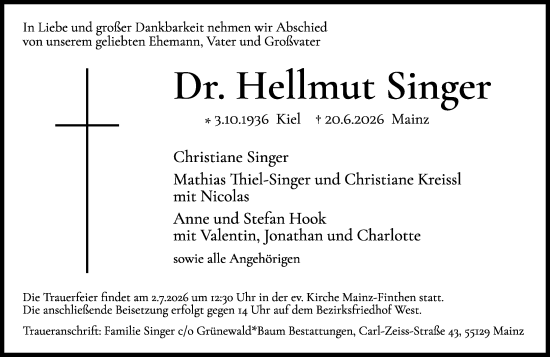 Traueranzeige von Hellmut Singer von Allgemeine Zeitung Mainz