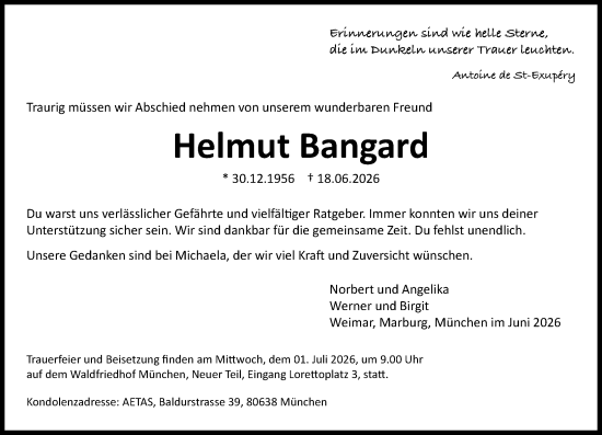 Traueranzeige von Helmut Bangard von Hinterländer Anzeiger