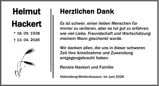 Traueranzeige von Helmut Hackert von Wetzlarer Neue Zeitung