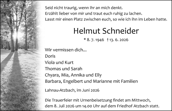 Traueranzeige von Helmut Schneider von Wetzlarer Neue Zeitung