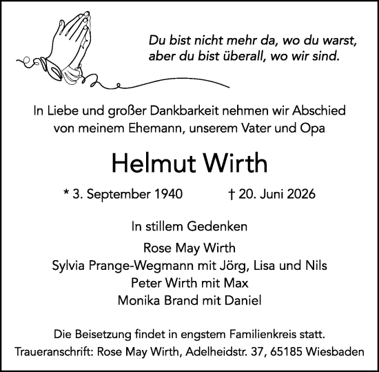 Traueranzeige von Helmut Wirth von Wiesbadener Kurier