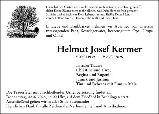 Traueranzeige von Helmut Josef Kermer von Wetzlarer Neue Zeitung