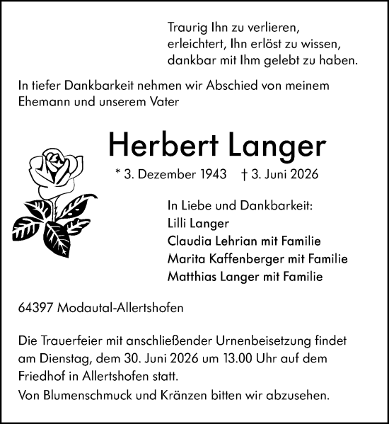 Traueranzeige von Herbert Langer von Darmstädter Echo