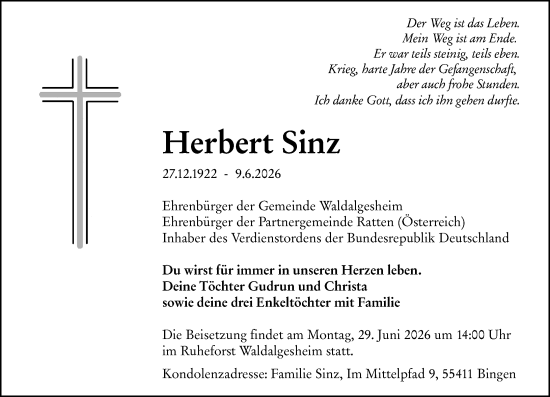 Traueranzeige von Herbert Sinz von Allgemeine Zeitung Rheinhessen-Nahe