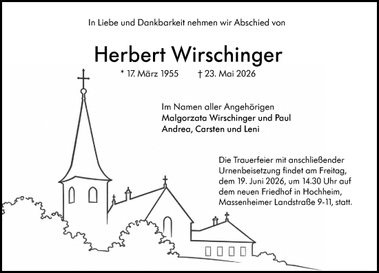 Traueranzeige von Herbert Wirschinger von Hochheimer Zeitung