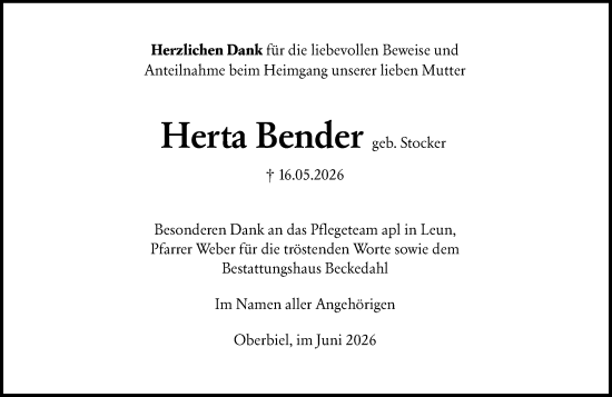 Traueranzeige von Herta Bender von Wetzlarer Neue Zeitung