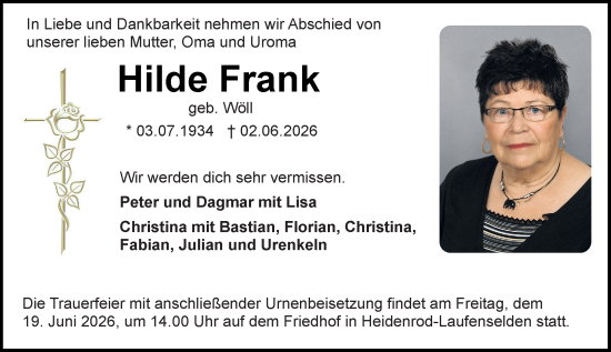 Traueranzeige von Hilde Frank von Idsteiner Land/Untertaunus