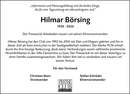 Traueranzeige von Hilmar Börsing von Wiesbadener Kurier