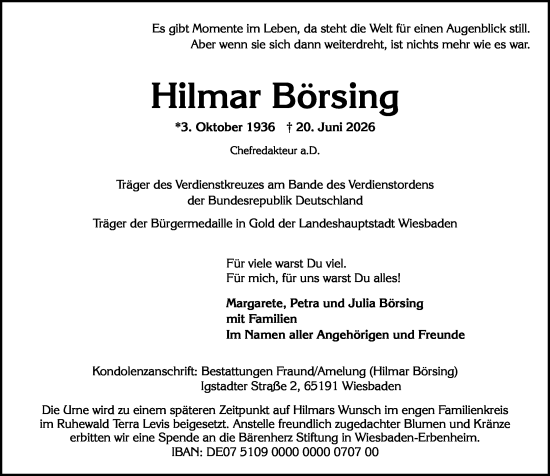 Traueranzeige von Hilmar Börsing von Wiesbadener Kurier
