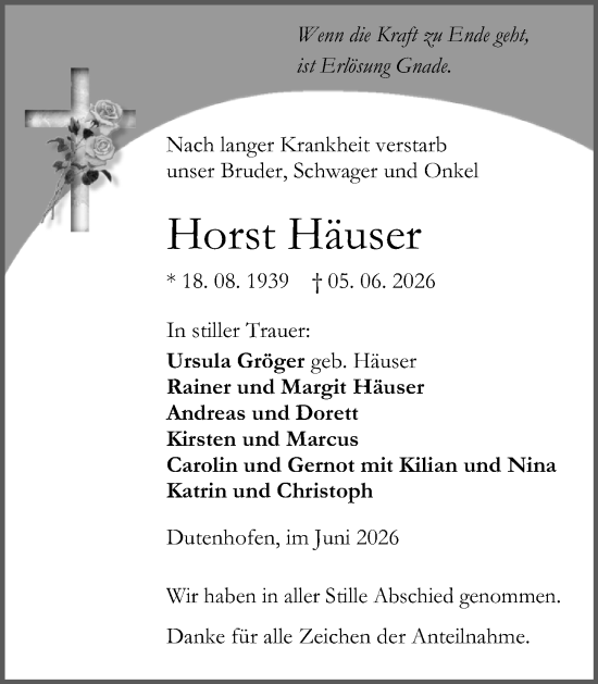 Traueranzeige von Horst Häuser von Wetzlarer Neue Zeitung
