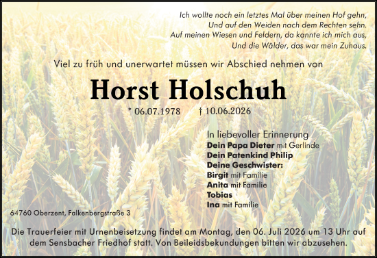 Traueranzeige von Horst Holschuh von Odenwälder Echo