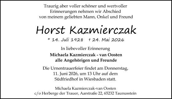 Traueranzeige von Horst Kazmierczak von Wiesbadener Kurier