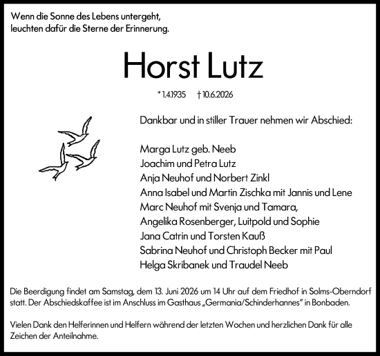 Traueranzeige von Horst Lutz von Wetzlarer Neue Zeitung
