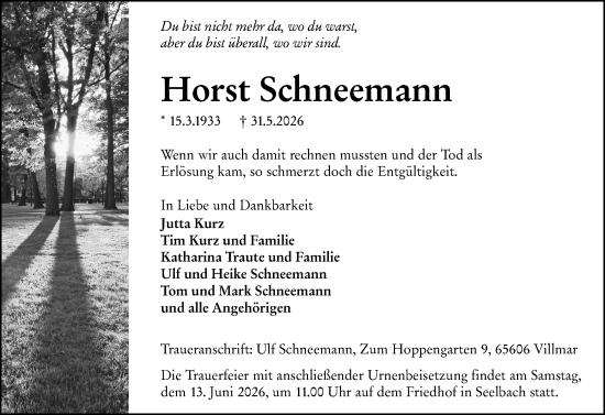 Traueranzeige von Horst Schneemann von Weilburger Tageblatt