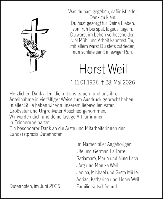 Traueranzeige von Horst Weil von Wetzlarer Neue Zeitung