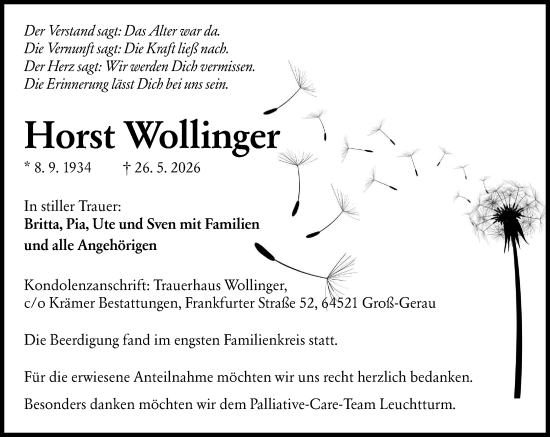 Traueranzeige von Horst Wollinger von Groß-Gerauer Echo