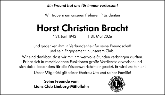 Traueranzeige von Horst Christian Bracht von Nassauische Neue Presse