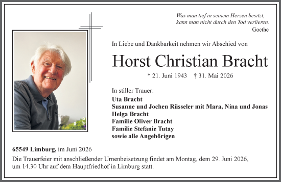 Traueranzeige von Horst Christian Bracht von Nassauische Neue Presse