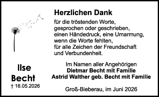 Traueranzeige von Ilse Becht von Darmstädter Echo
